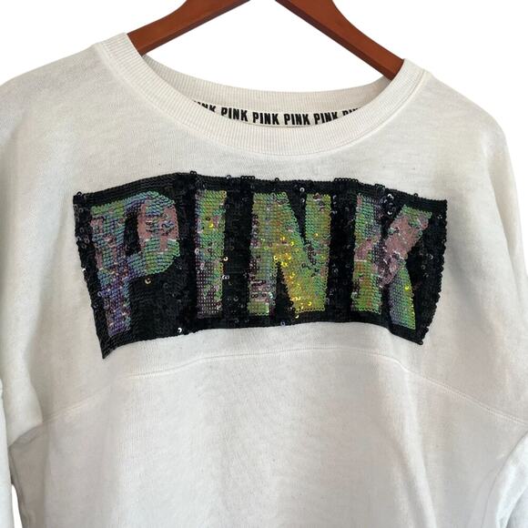 Victoria's Secret Pink Rainbow Sequin/Bling Black Varsity Stripe Long Sleeve, S - Picture 2 of 11